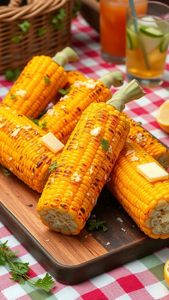 Grilled corn on the cob with butter and herbs on a rustic platter, set in a summer picnic setting.